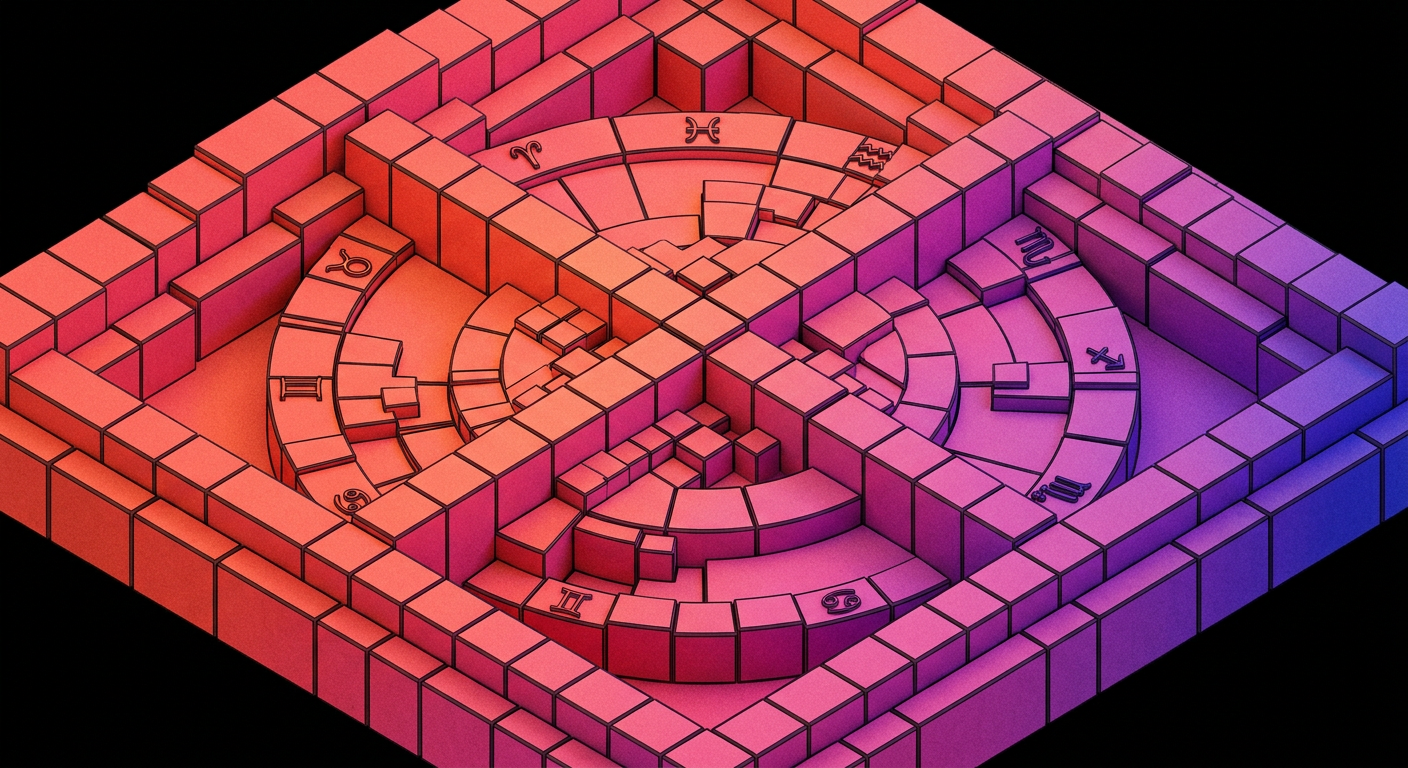 Isometric illustration of a birth chart wheel built from gradient blocks