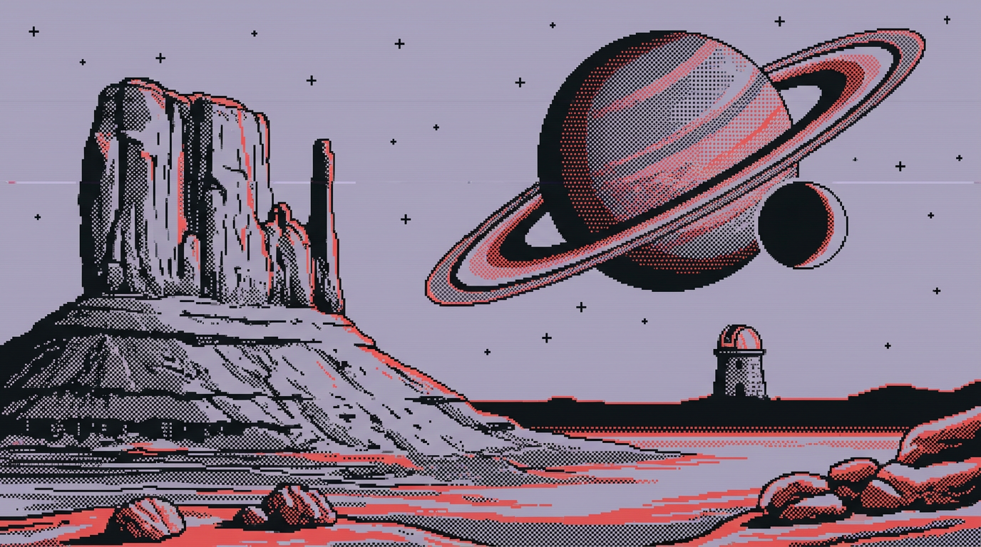 Generated pixel-art illustration of a night valley with a ringed planet and a small observatory